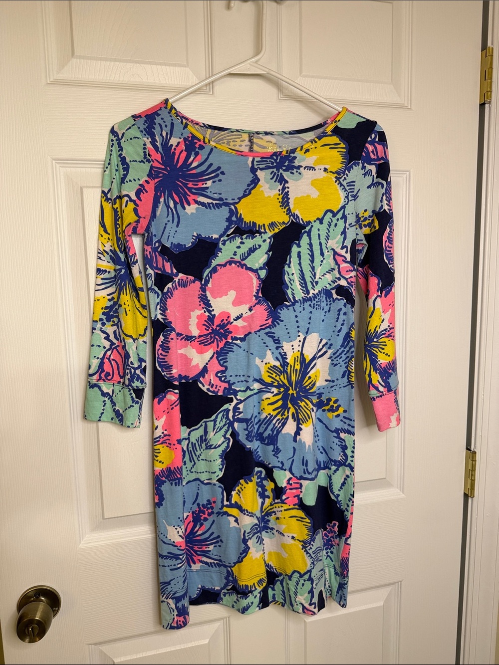 Lilly Pulitzer Navy Floral Boatneck Dress with Pink & Yellow Blooms